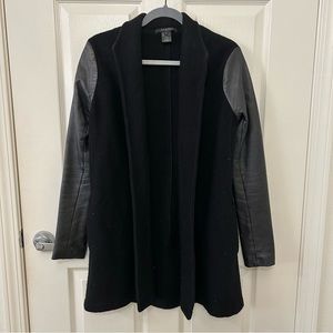 SCOOP NYC Leather & Wool Open Front Sweater